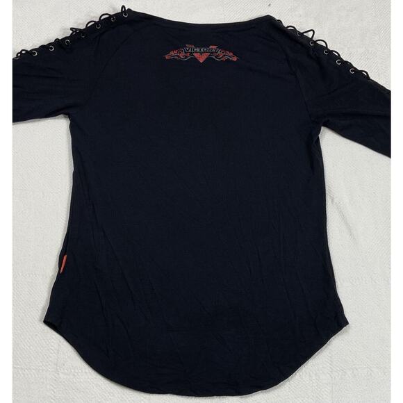 Victory Motorcycles Lace Up Skull Roses Bling Shirt XS Stretchy Biker - Picture 8 of 13